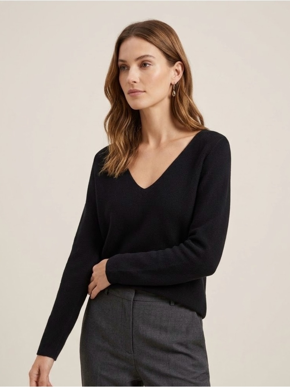 SAGA Made in Italy Black V-Neck Knit Sweater Soft Cotton Cashmere-Look M